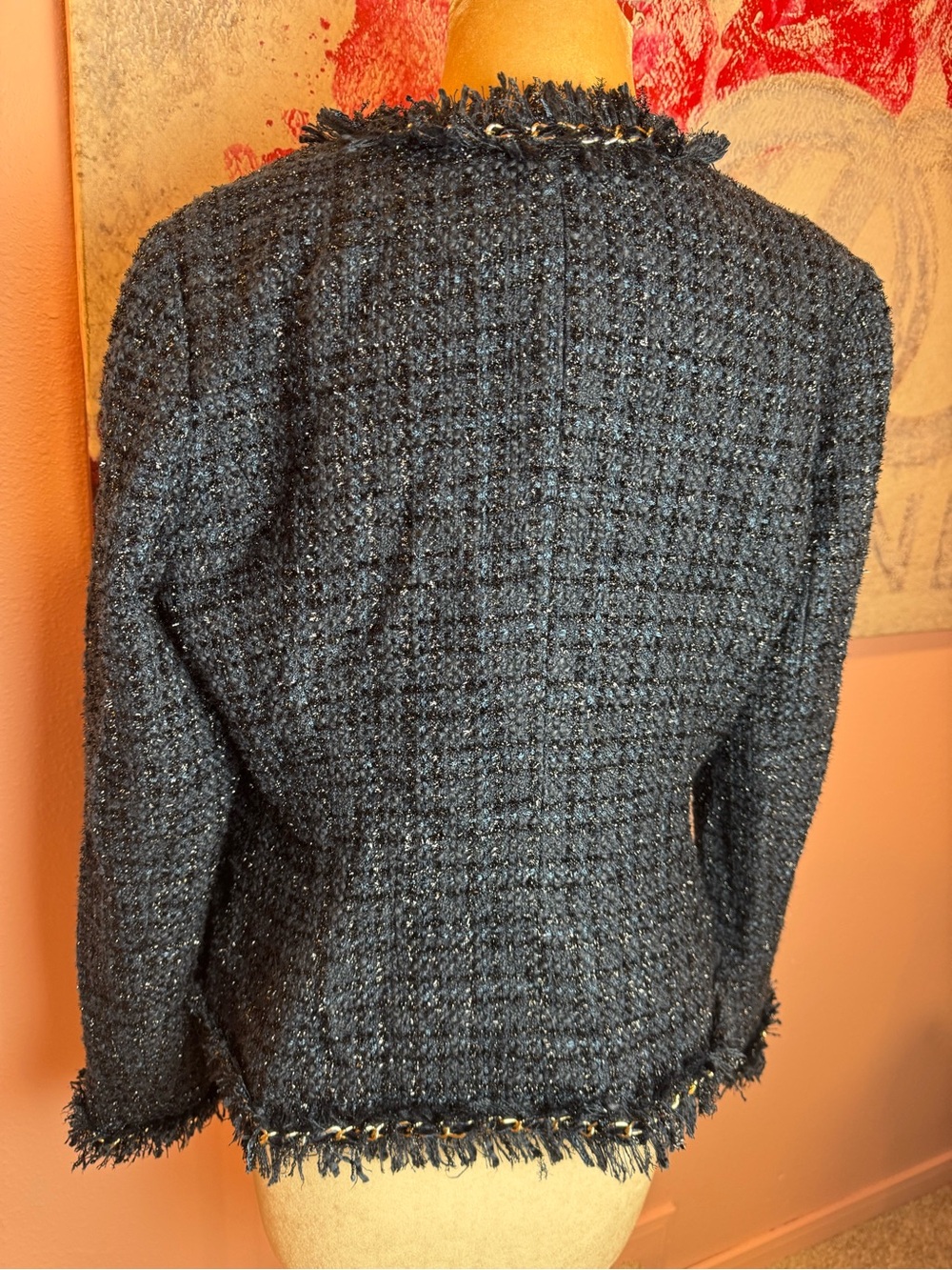 Boston Proper Parisian Navy Tweed Chain-Trim Collarless Blazer - Picture 4 of 9